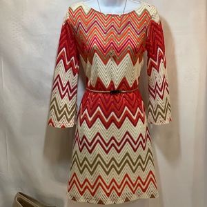 Chevron Pattern Crochet Laced Flare Sleeve Dress-Women Size 4 (Orange, Ivory)